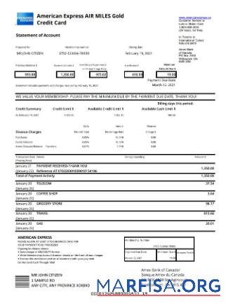 Downloadable Canada American Express Air Miles gold credit card statement excel download for verification